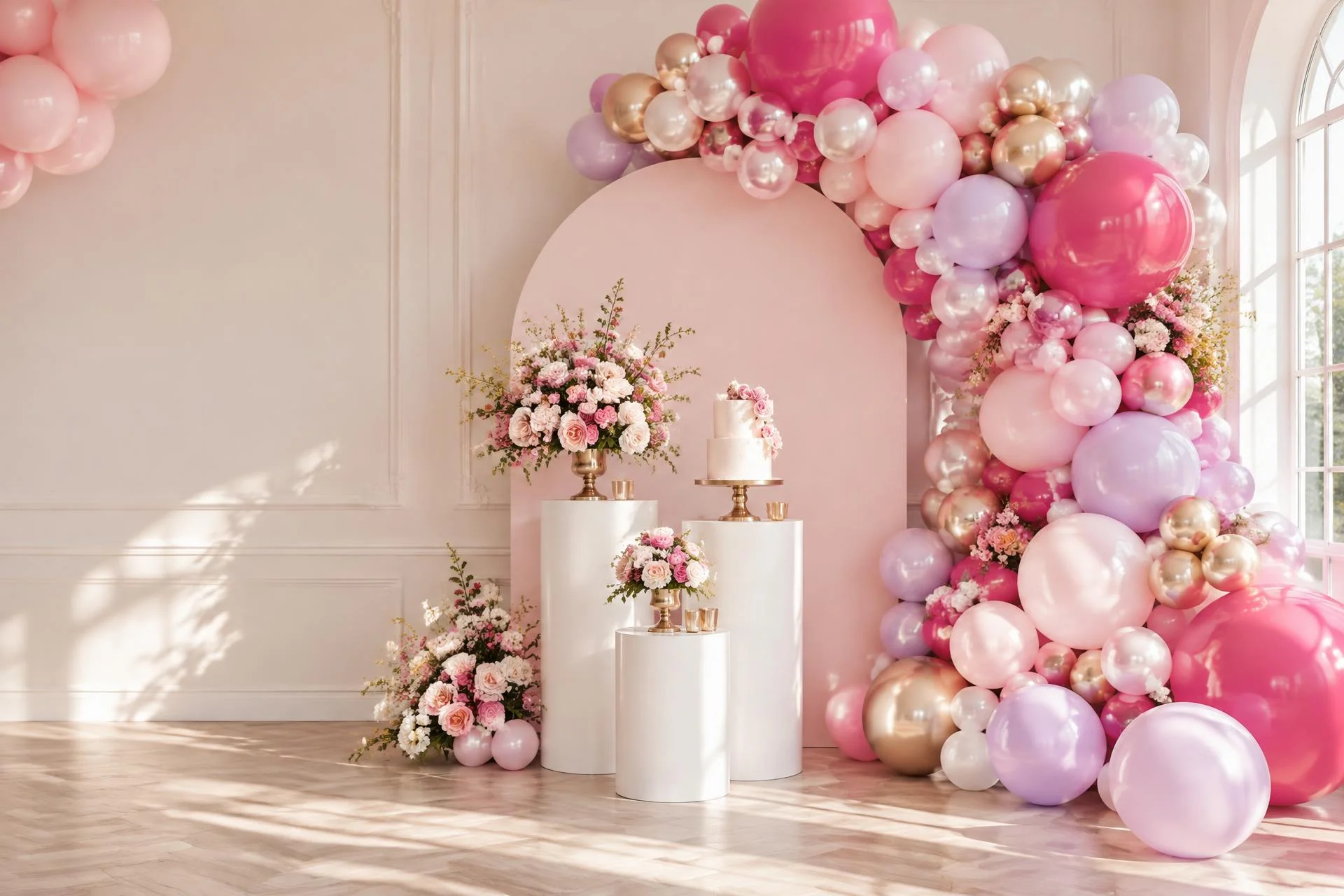 Illustrative inspiration: pink, fuchsia and gold balloon decoration
